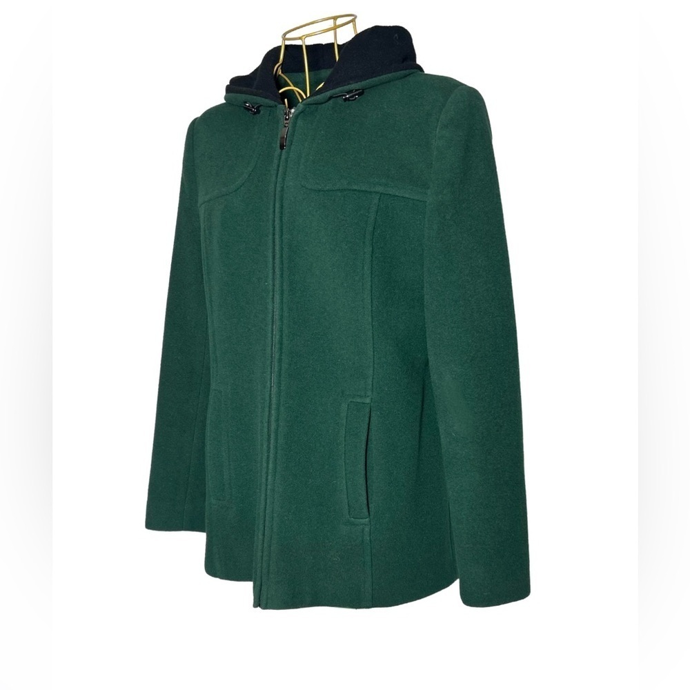 Preston & York Wool Coat in Rich Green with Pockets, Full Zip, & Hood, Small - Picture 2 of 15